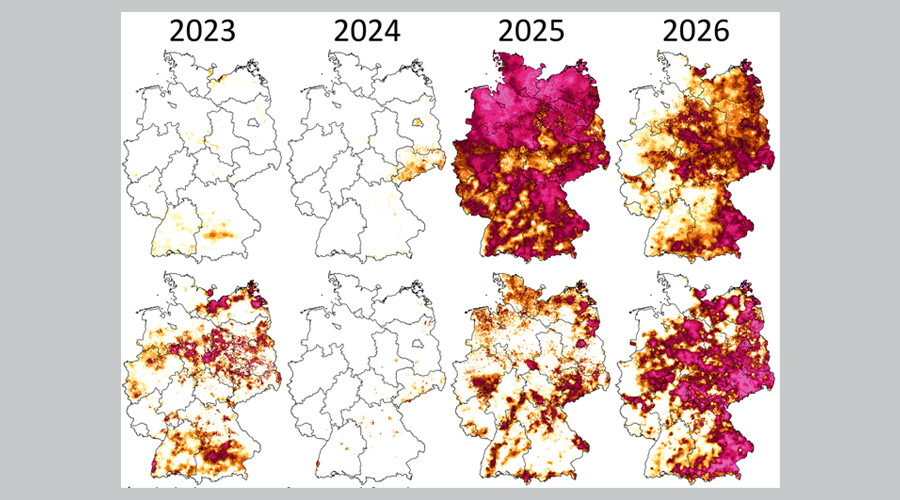 D&uuml;rreintensit&auml;ten im meteorologischen Fr&uuml;hling (M&auml;rz-Mai) f&uuml;r die Jahre 2023 bis 2026 im Oberboden (oben) und im Gesamtboden (unten). Quelle: UFZ-D&uuml;rremonitor
